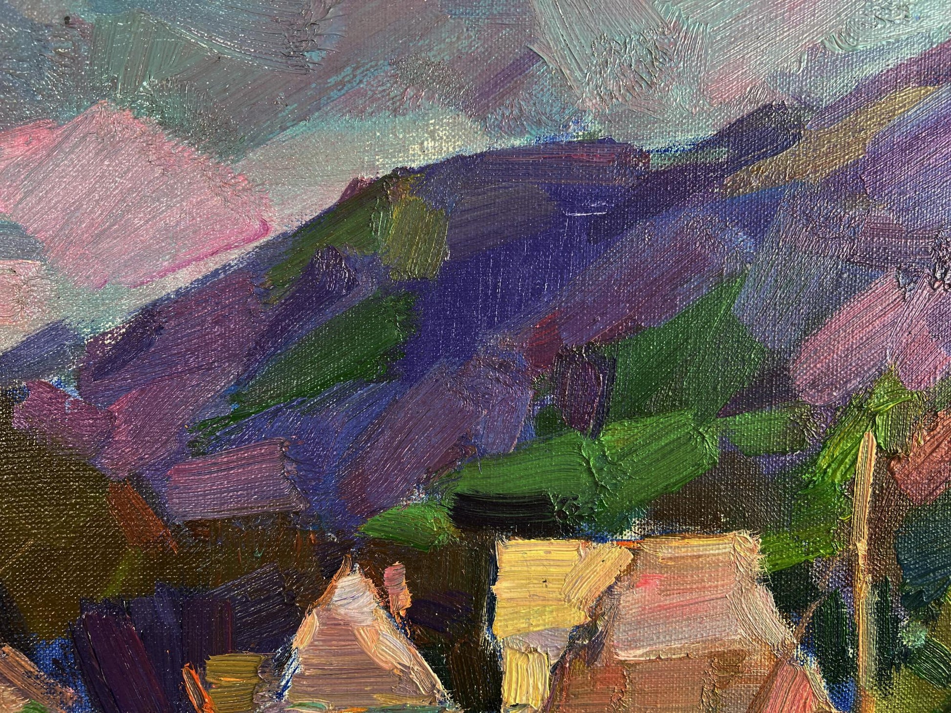 Vibrant impressionist oil painting of mountains above village by Vyacheslav Pereta