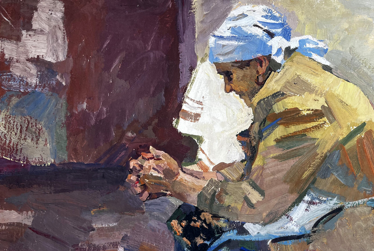 Oil painting portrait of grandmother in blue headscarf and yellow jacket praying
