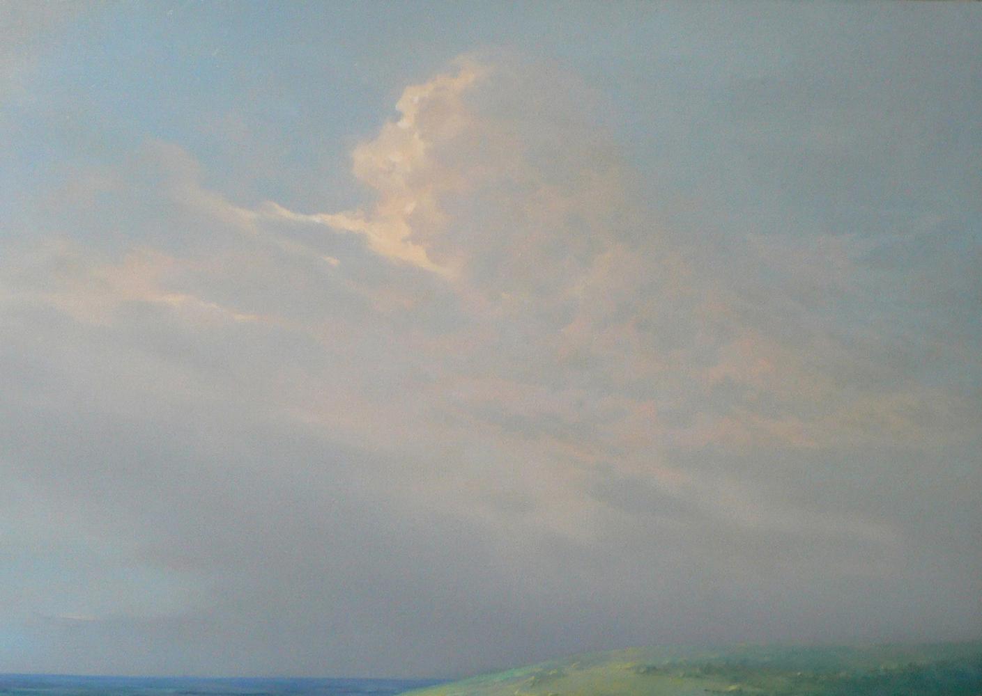 Oil painting of white clouds above field by Vasily Korkishko