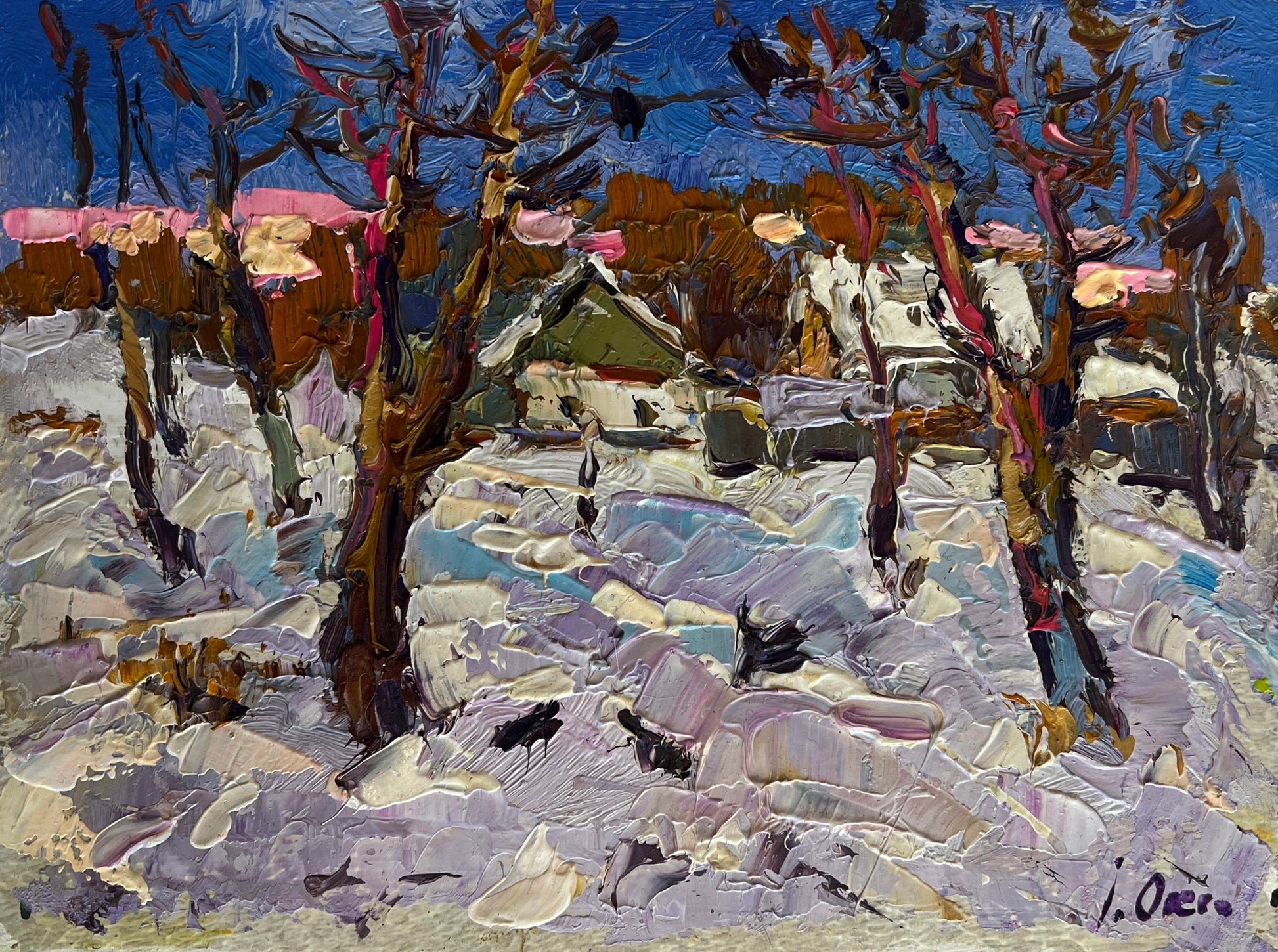 Oleksiy & Oksana Ivaniuk impressionistic winter landscape with pink blossoms