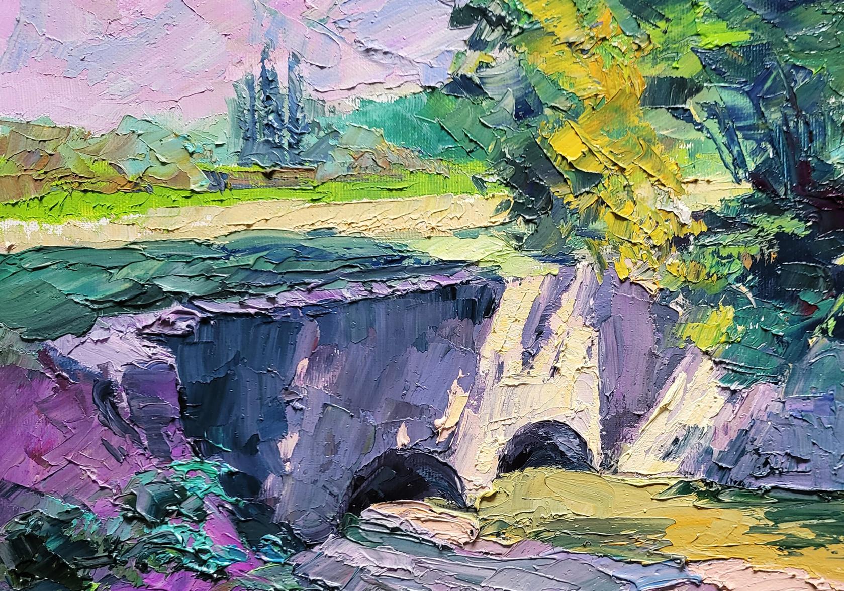 Vibrant impressionist oil painting of stone arch bridge by Boris Serdyuk