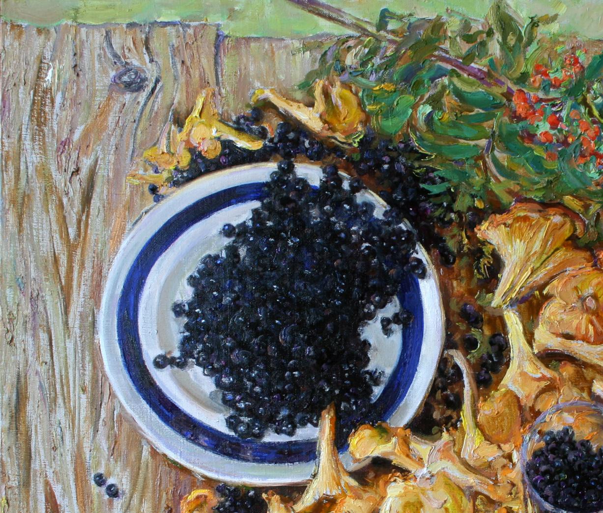 Oil painting by Leonid Pavlenko: plate with blue rim holding glossy blackberries