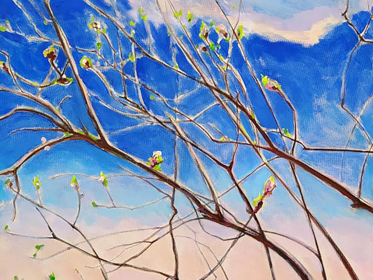 Oil painting Spring by Leonid Pavlenko: bare branches budding against blue sky
