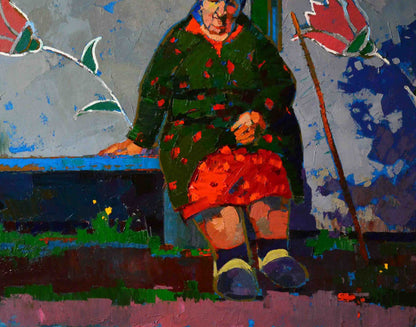 Oil painting of Grandma at the gate by Natalia Korf-Ivaniuk
