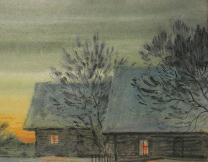 Watercolor painting of winter evening village by Valery Savenets