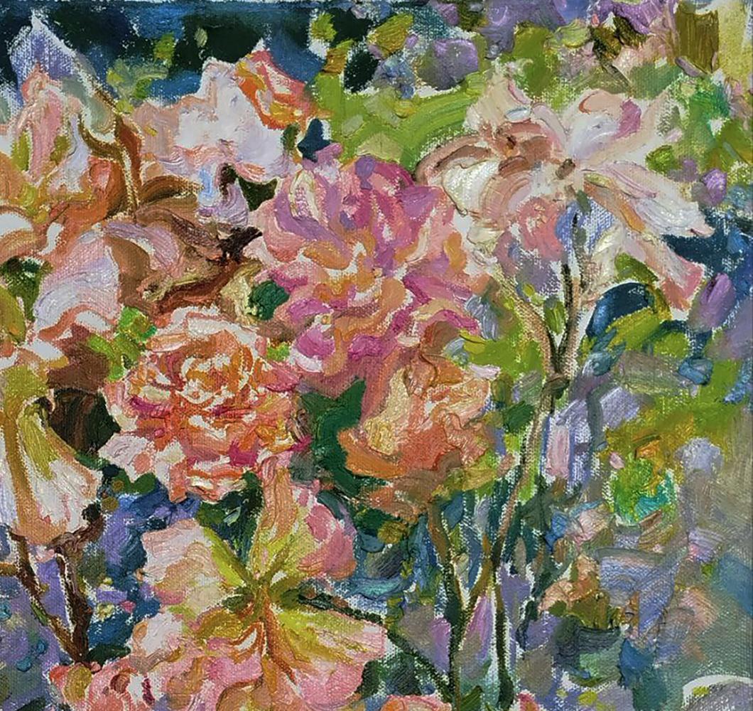 Vibrant impressionist oil painting of blooming pink peach roses by Leonid Pavlenko