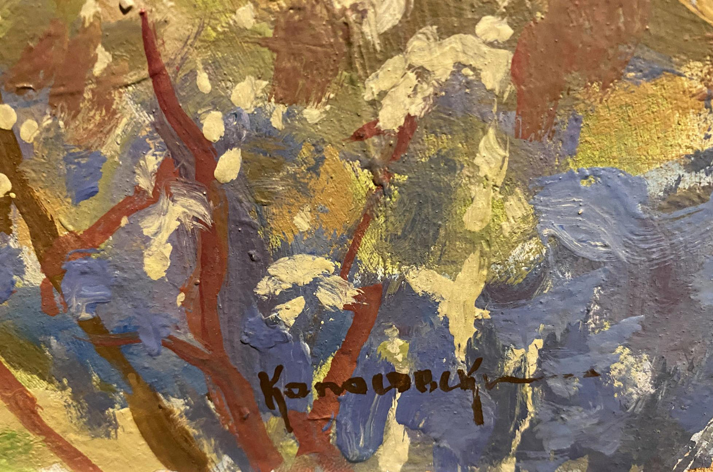 Oil painting April by Georgy Kolosovsky, abstract blue red yellow brushstrokes