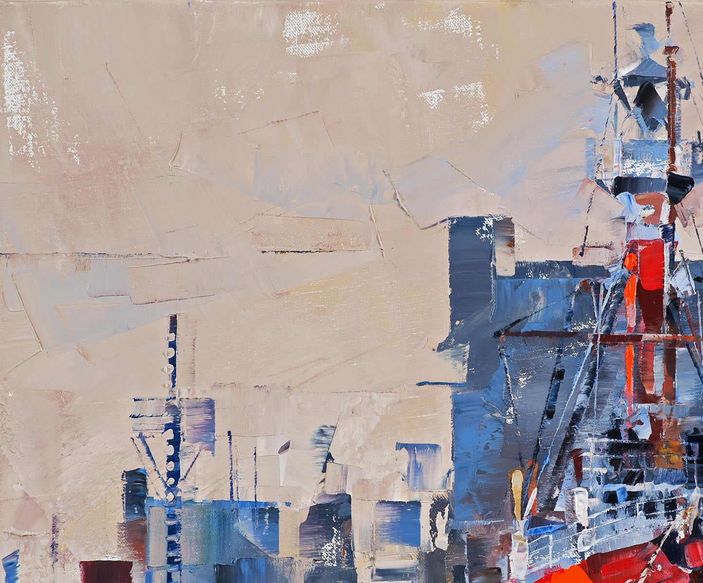Abstract expressionist oil painting of lighthouse and ship by Volodymyr Gluhomanyuk