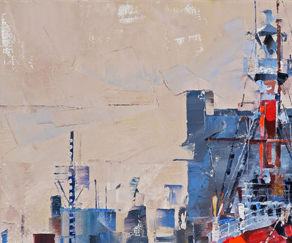 Abstract expressionist oil painting of lighthouse and ship by Volodymyr Gluhomanyuk
