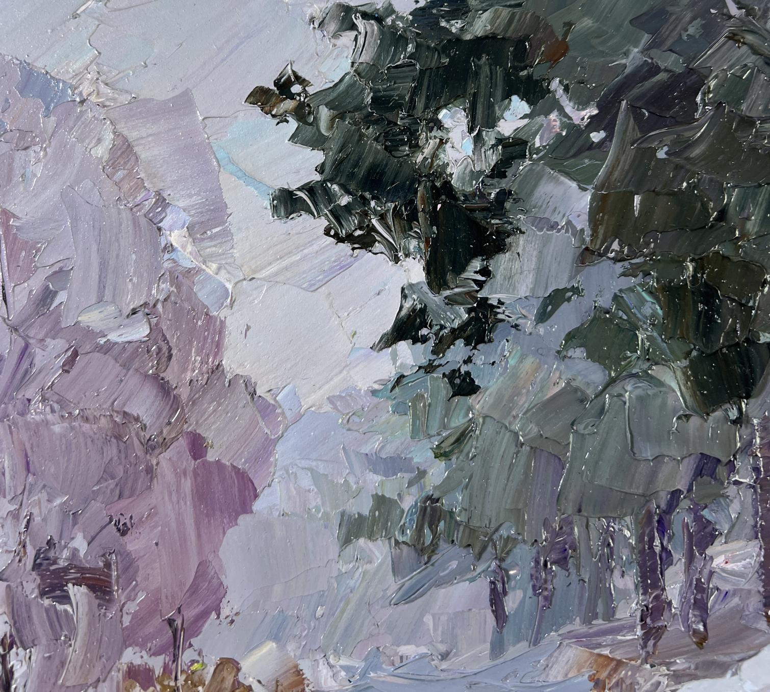 Oil painting Without a Trace by Boris Serdyuk: textured tree in purples, greens