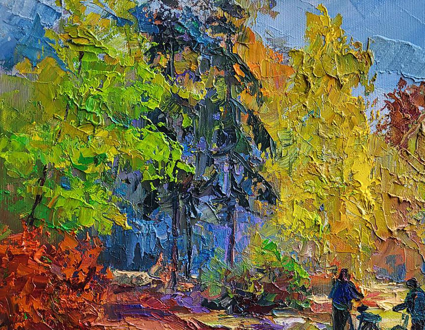 Vibrant impressionist oil painting of autumn mushroom pickers by Boris Serdyuk
