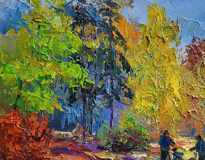 Vibrant impressionist oil painting of autumn mushroom pickers by Boris Serdyuk