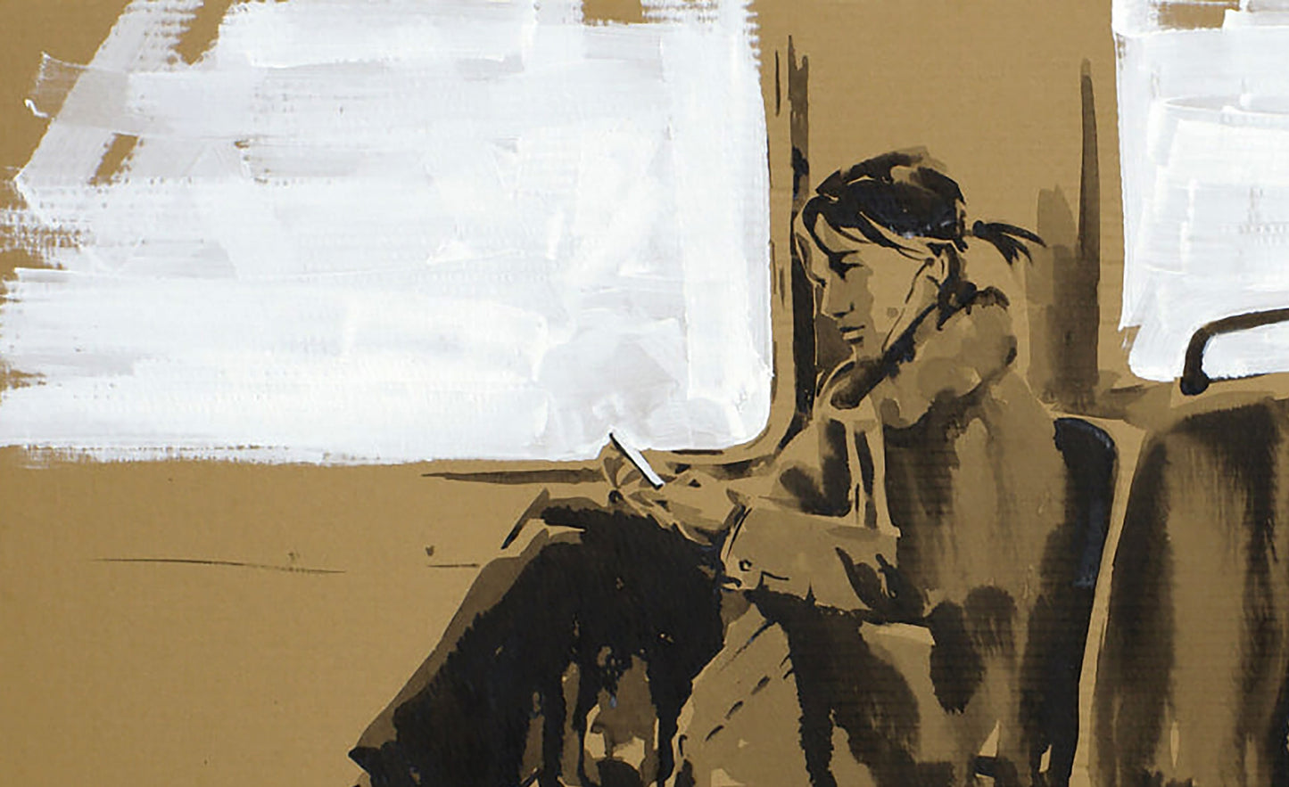 Woman in brown coat on bus reading phone, Dima Filatov acrylic painting