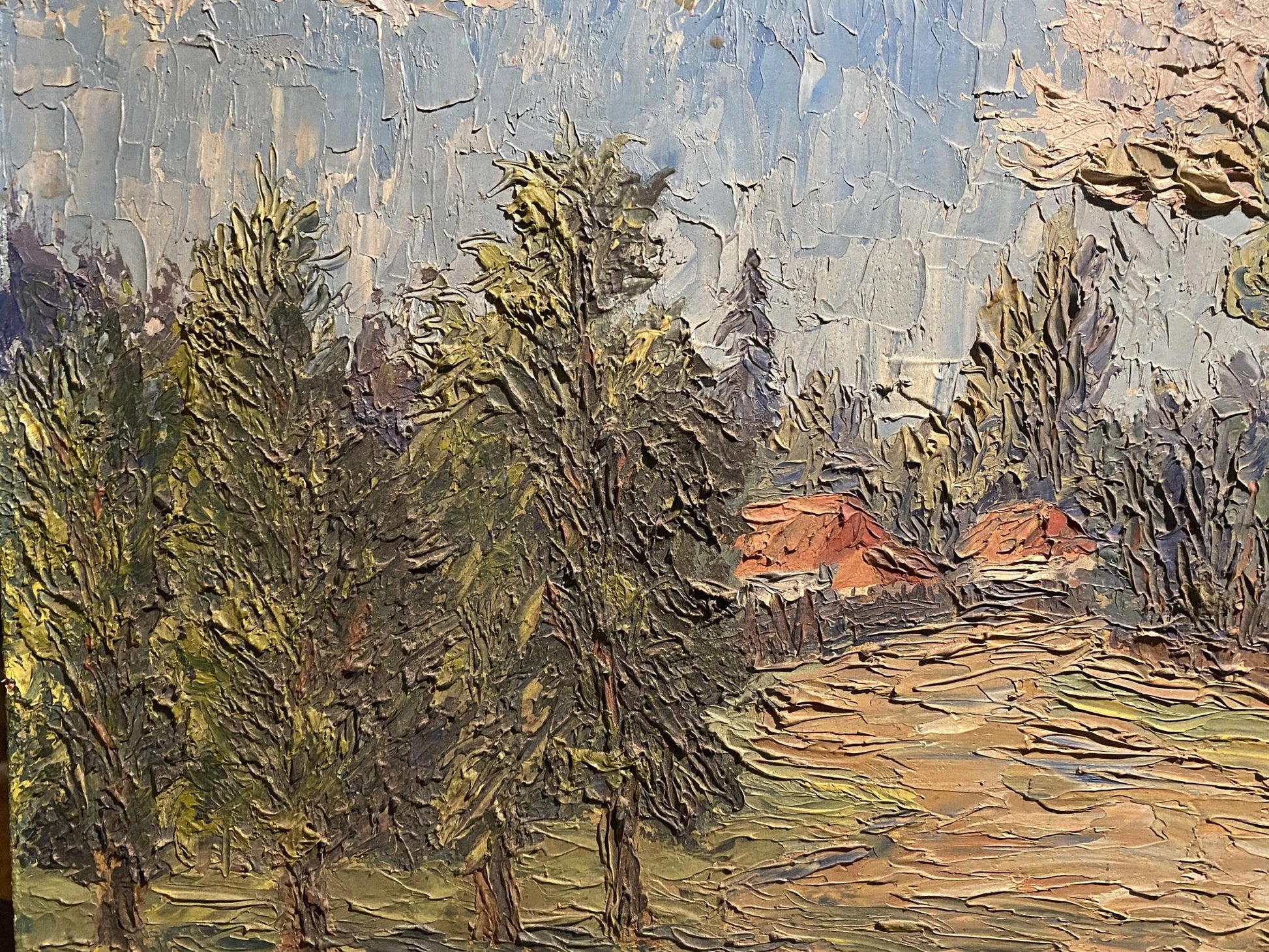 Oil painting Life in Silence: rustic landscape with trees and red-roofed houses