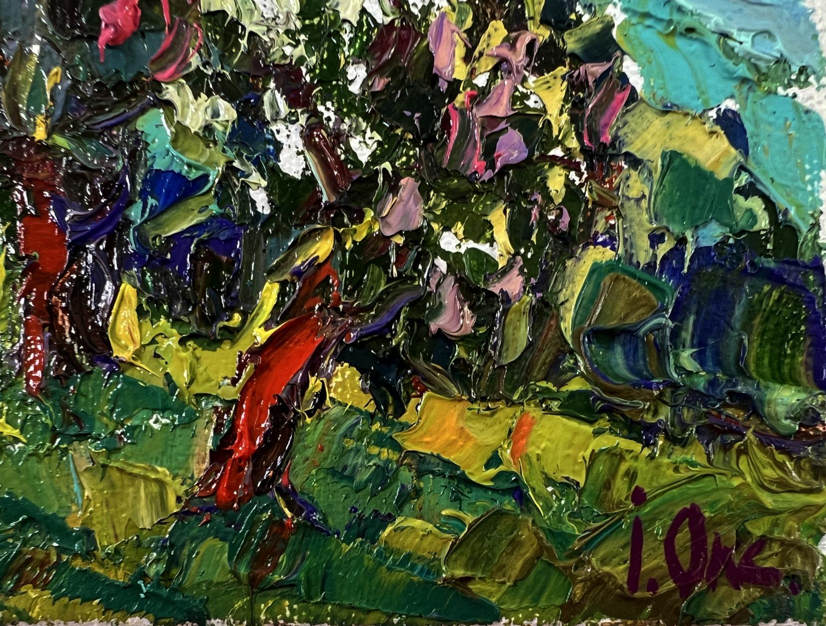 Vibrant oil painting of flowering chestnut trees by Oksana Ivanyuk