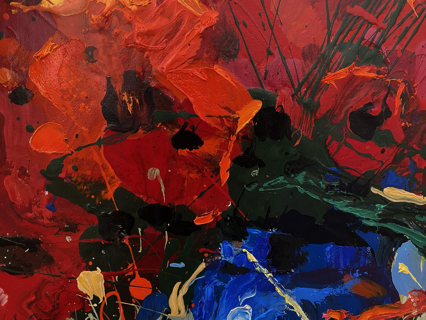 Vibrant oil painting Poppies are red by Oksana Ivanyuk with bold reds and blues