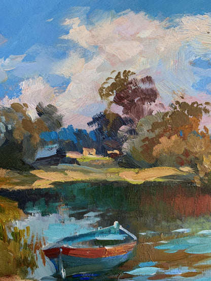 Oil painting by Yuriy Suprunchuk: rowboat on calm water preparing for fishing