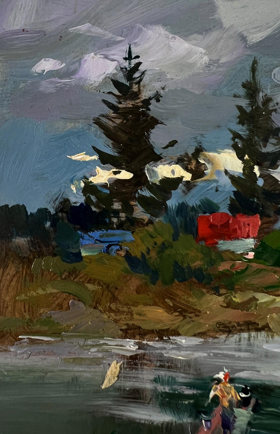 Oil painting of vibrant red house in evergreens by Yuriy Suprunchuk