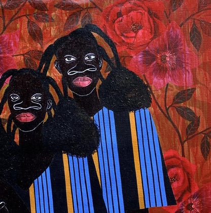 Vibrant acrylic painting We Hold Each Other by Akintomide Akinshola with black figures and red roses