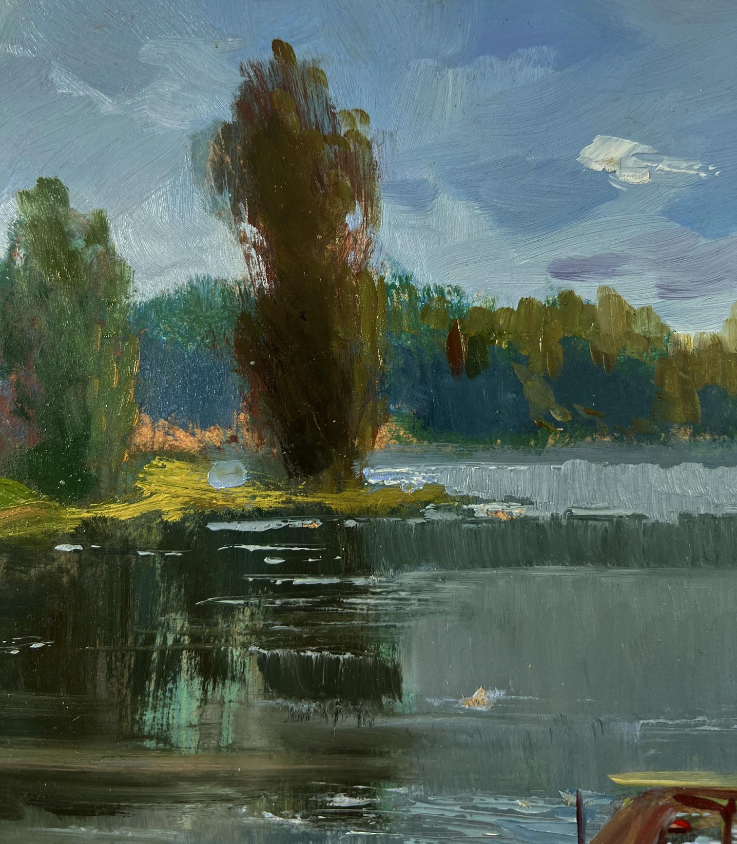 Oil painting The Winding River by Yuriy Suprunchuk with tall textured tree
