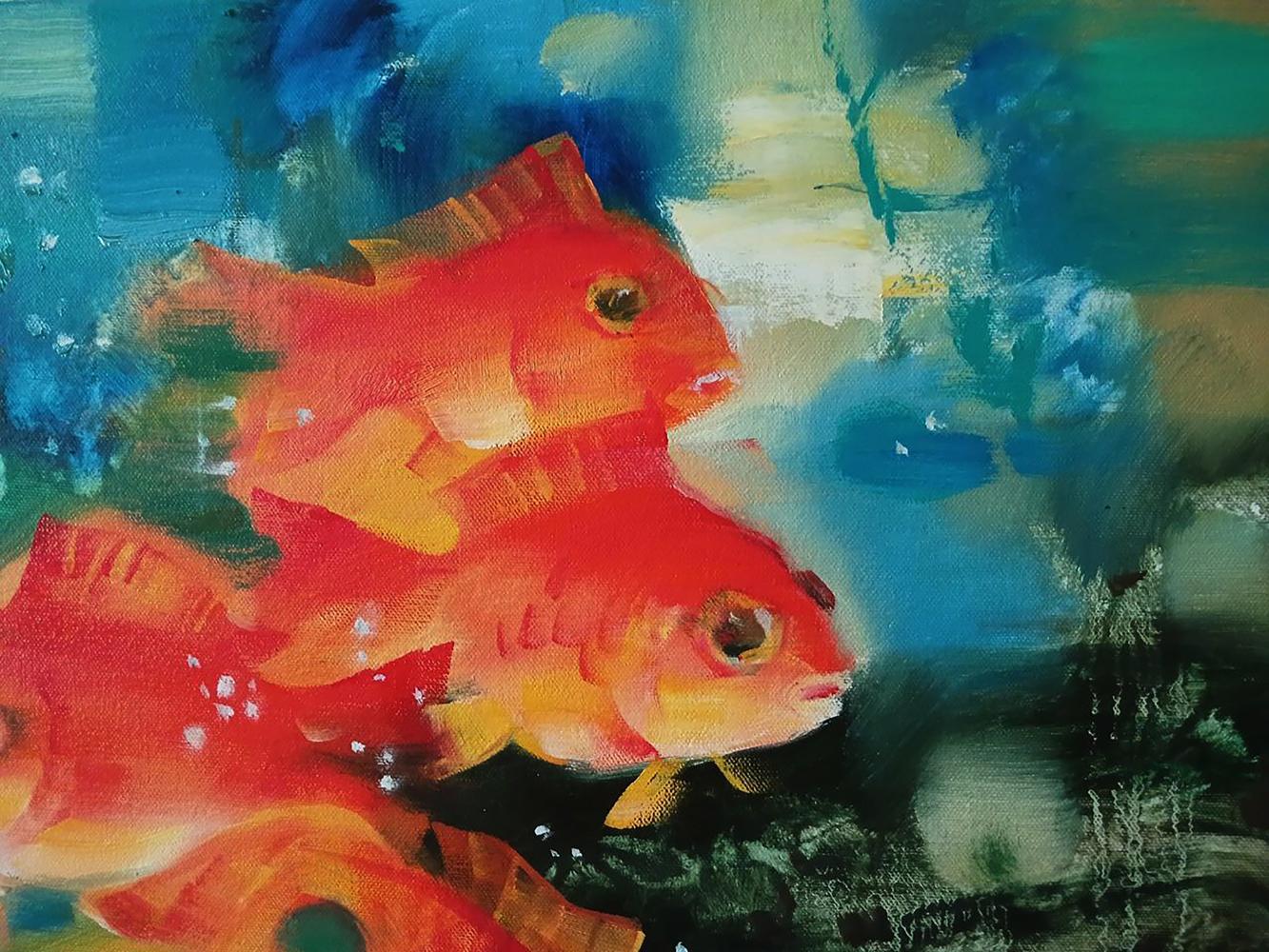 Vibrant orange red goldfish in abstract oil painting by Anatoly Tarabanov