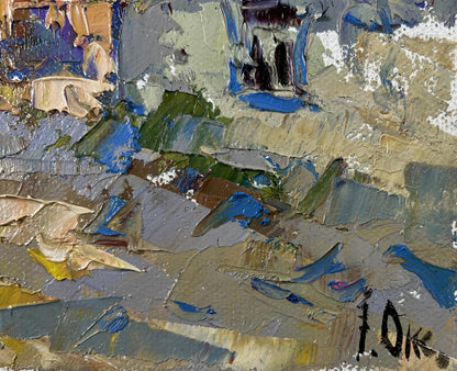 Abstract oil painting Warmth in the Yard by Oksana Ivanyuk in blue green tones