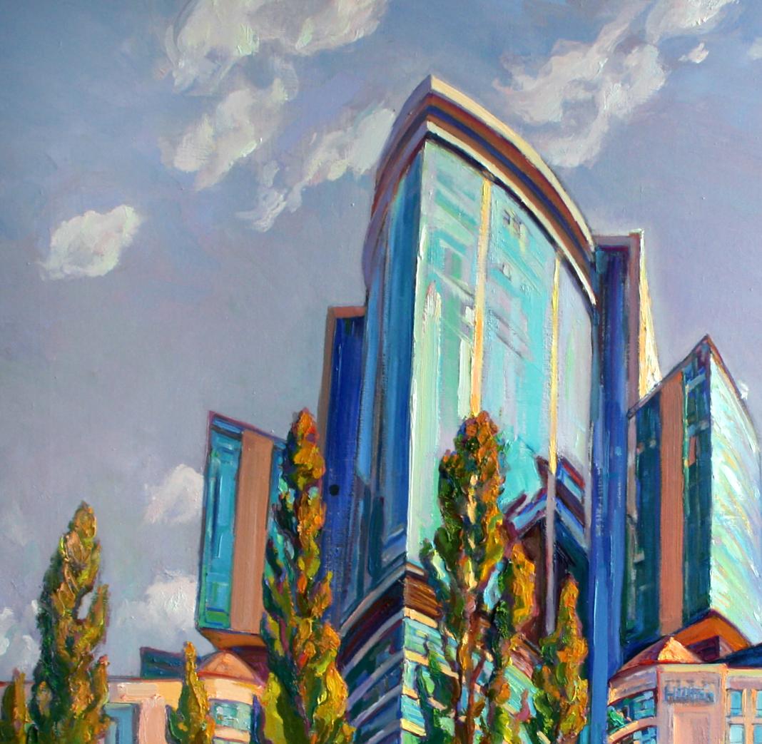Oil painting of modern glass skyscraper by Leonid Pavlenko
