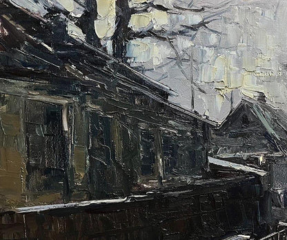 Oil painting Old street by Volodymyr Pashchenko, weathered house under overcast sky