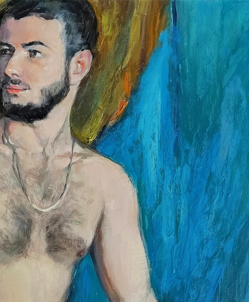 Oil painting of bearded man by Oksana Osnach on vibrant blue yellow background
