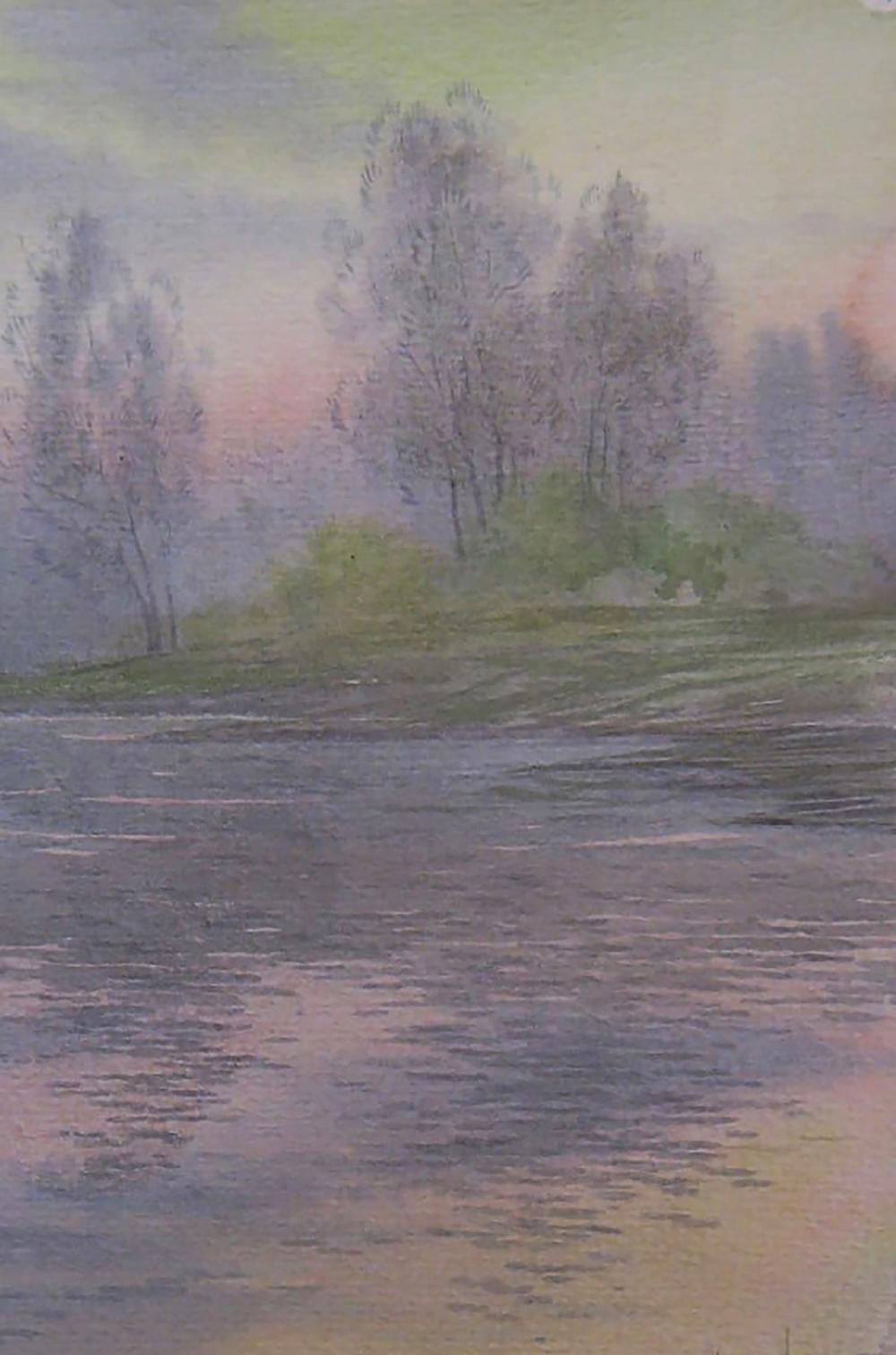 Watercolor painting Morning river by Valery Savenets lakeside dawn scene