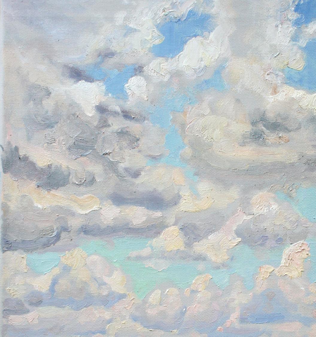 Oil painting In the fields Leonid Pavlenko: textured clouds on pale blue sky
