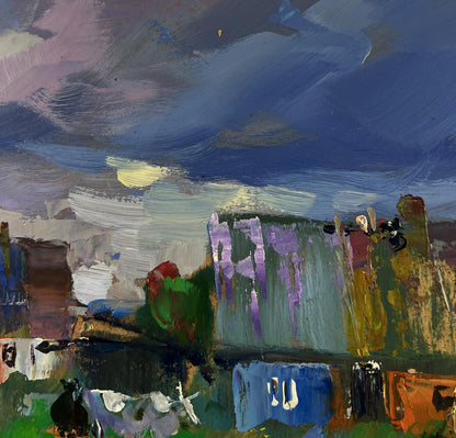 Abstract expressionist oil painting of rural idyll with huts, cattle by Yuriy Suprunchuk