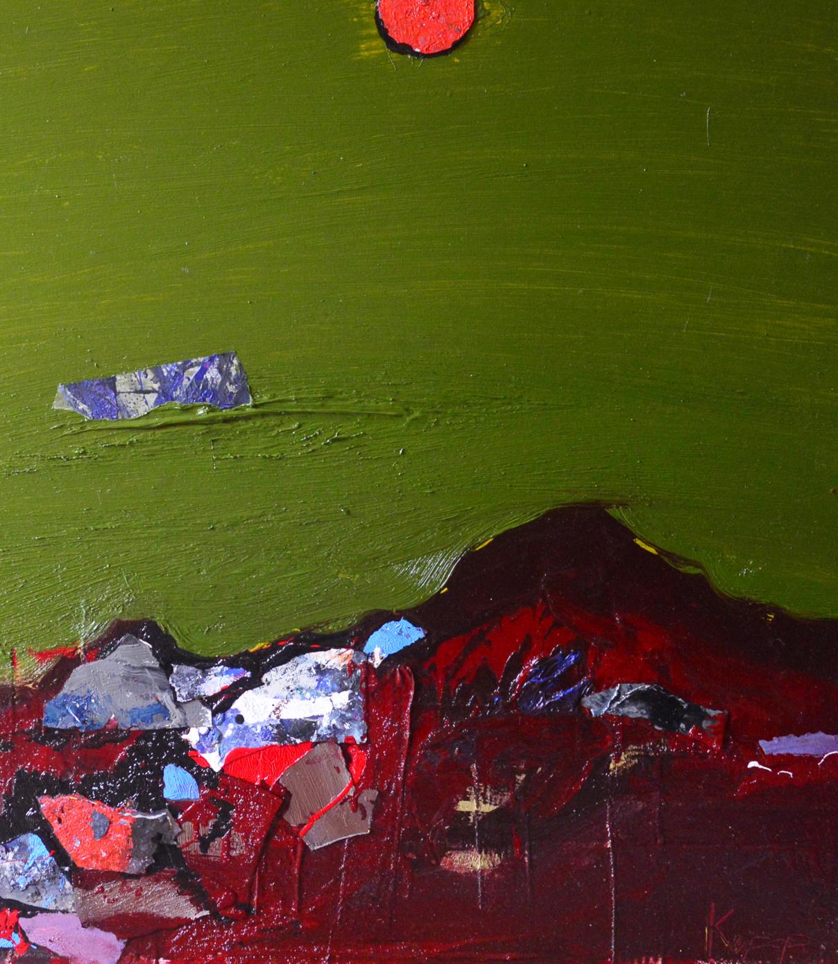 Oil painting Red Evening Mountains by Natalia Korf-Ivaniuk with vibrant green red blue strokes