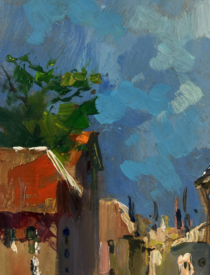 Oil painting by Yuriy Suprunchuk: green tree on red-tiled roof, blue sky