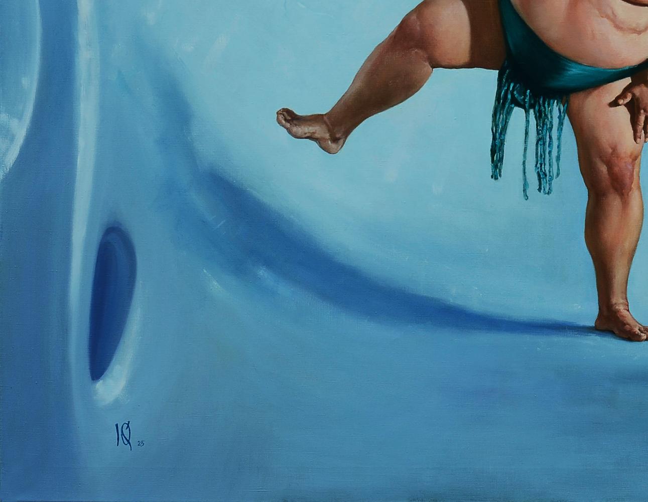 Oil painting of muscular white rhinoceros in teal trunks by Oleg Kateryniuk