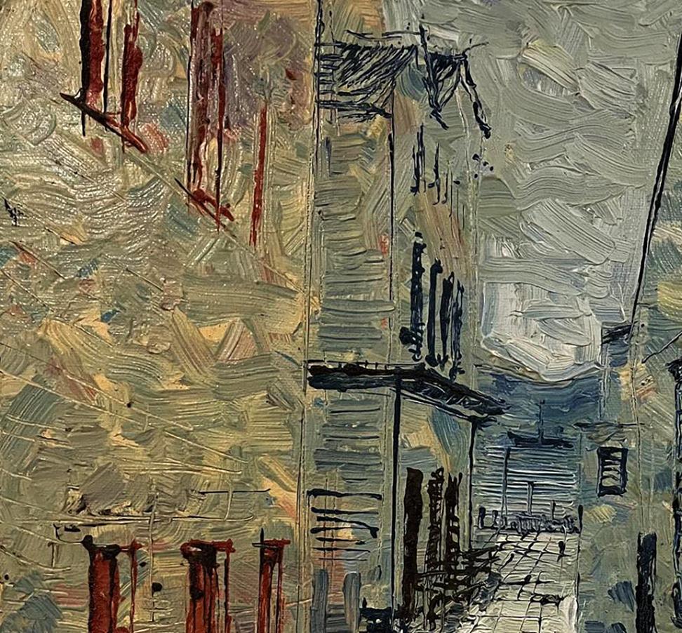 Oil painting Visibility by Serhiy Kovalev with textured grays, ochres, red streaks