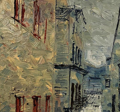 Oil painting Visibility by Serhiy Kovalev with textured grays, ochres, red streaks