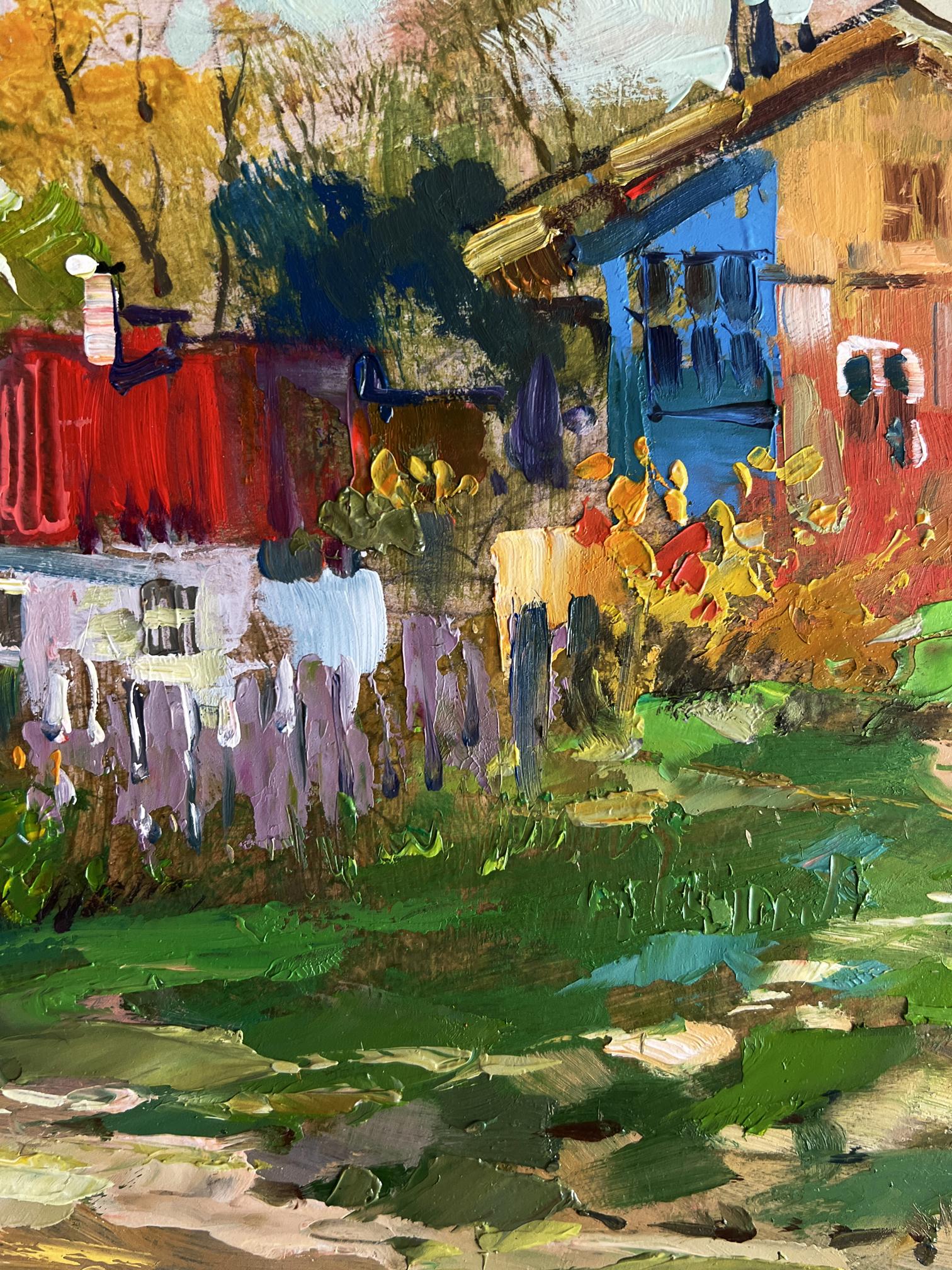 Oil painting of quiet village street by Yuriy Suprunchuk with blue red house