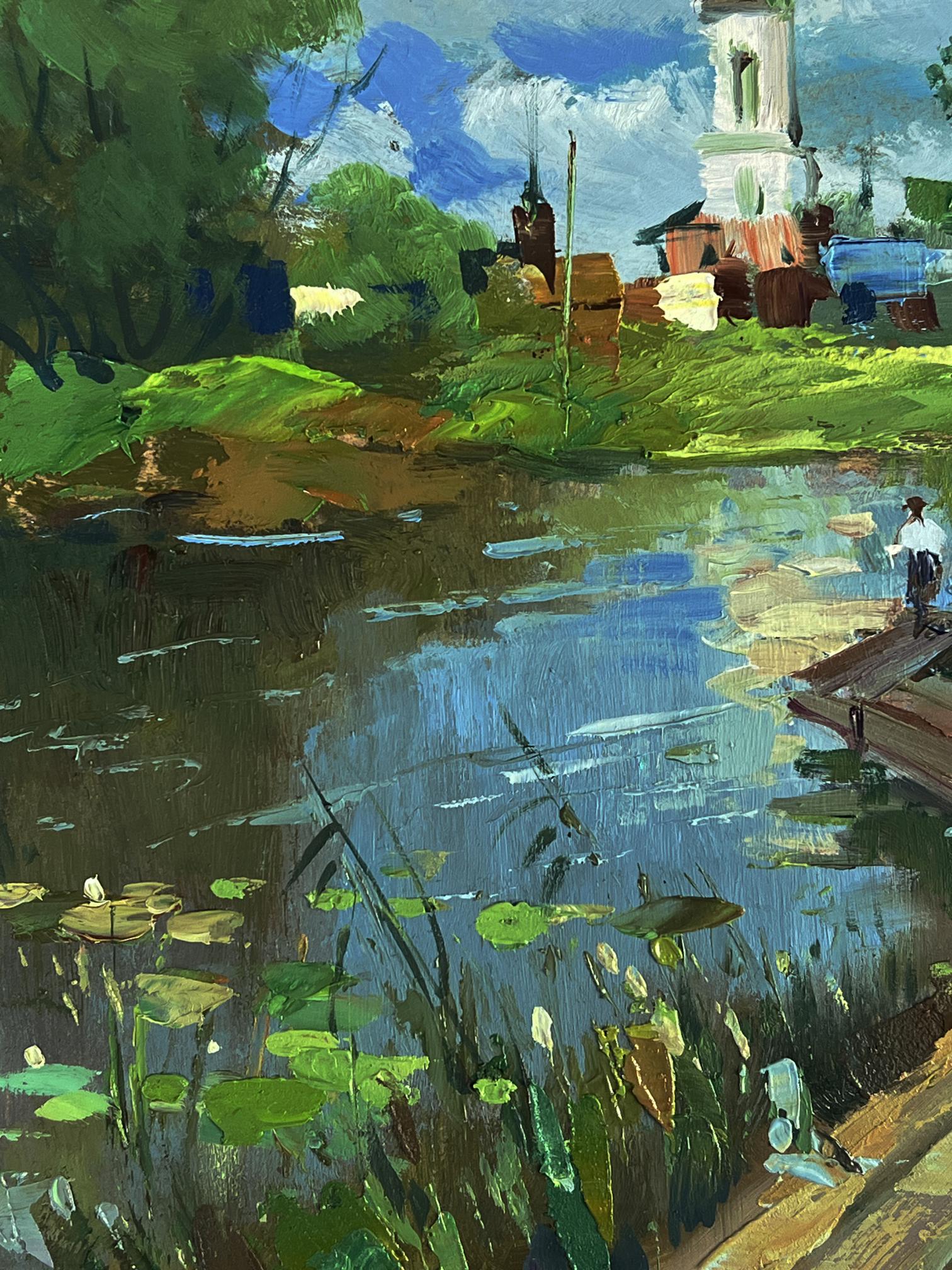 Oil painting of rustic dock on tranquil pond by Yuriy Suprunchuk