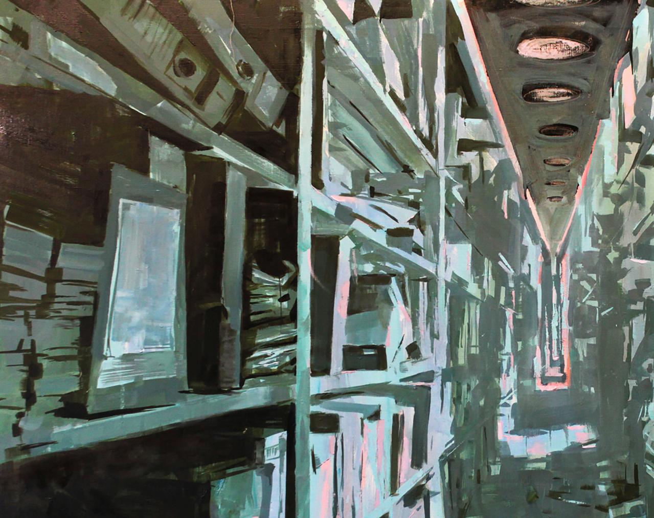 Oil painting Archive Ed Potapenkov: teal gray industrial corridor with shelves