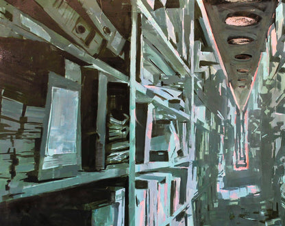 Oil painting Archive Ed Potapenkov: teal gray industrial corridor with shelves
