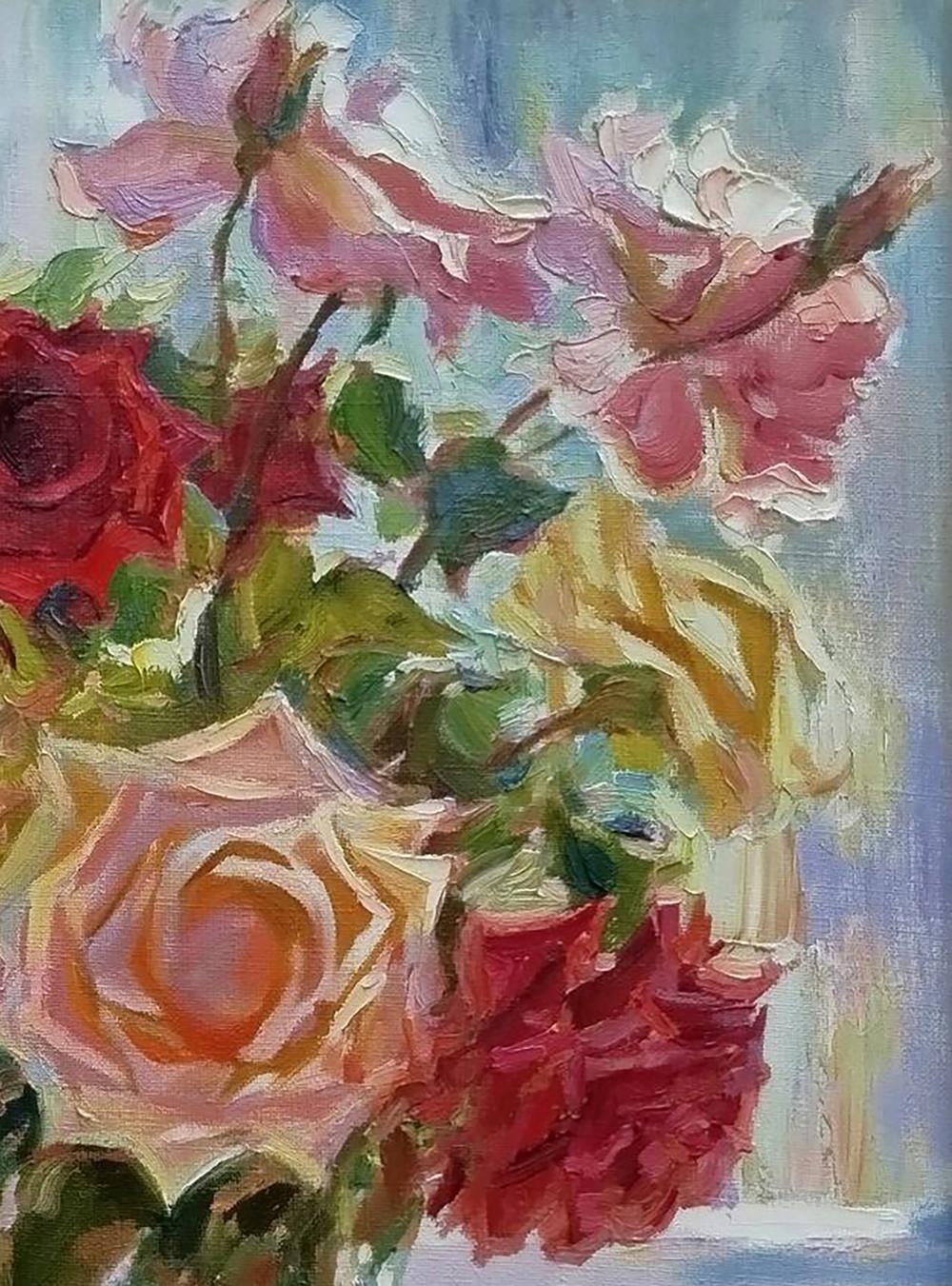 Vibrant impressionist oil painting of pink, red, yellow roses on windowsill by Leonid Pavlenko
