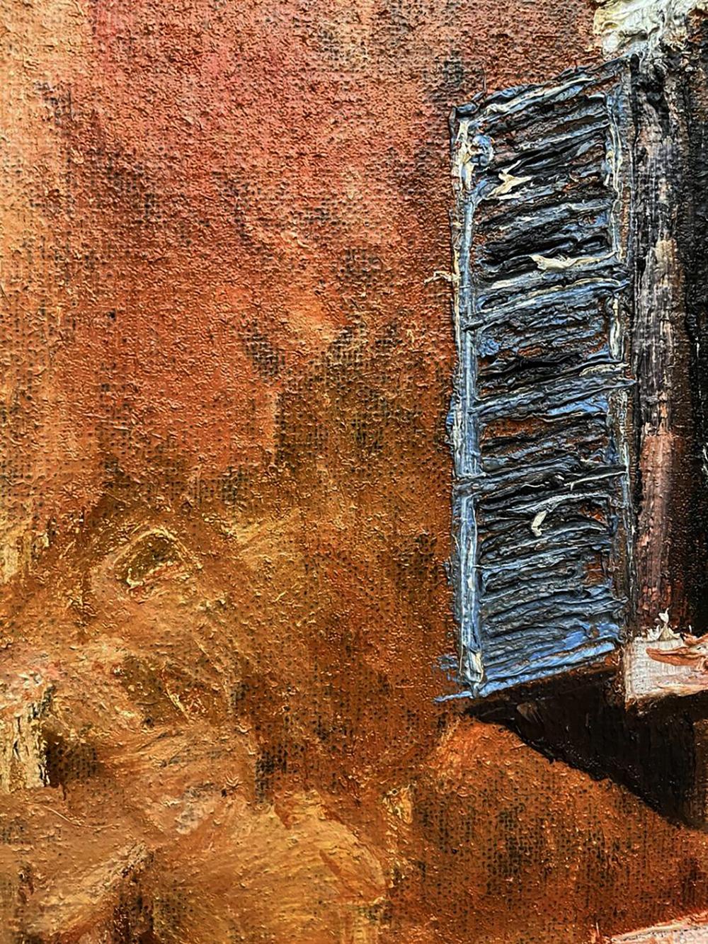 Weathered blue shutter with peeling paint on orange-brown wall by Serhiy Kovalev oil painting