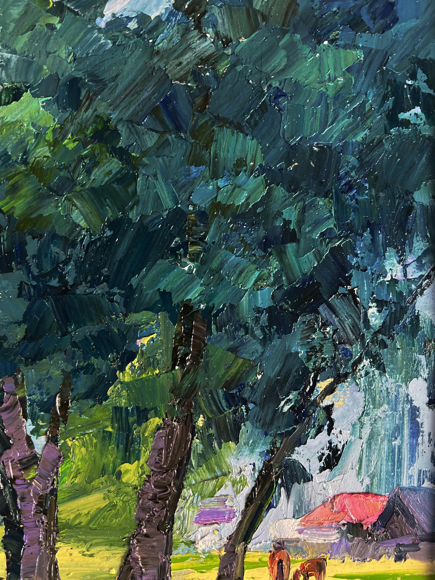 Vibrant impressionist oil painting by Boris Serdyuk: lush green trees, red-roofed house
