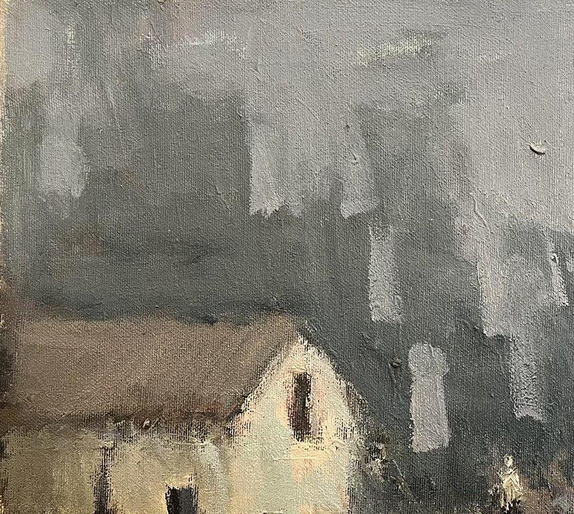 Oil painting Abandoned village by Volodymyr Pashchenko: muted gray beige house