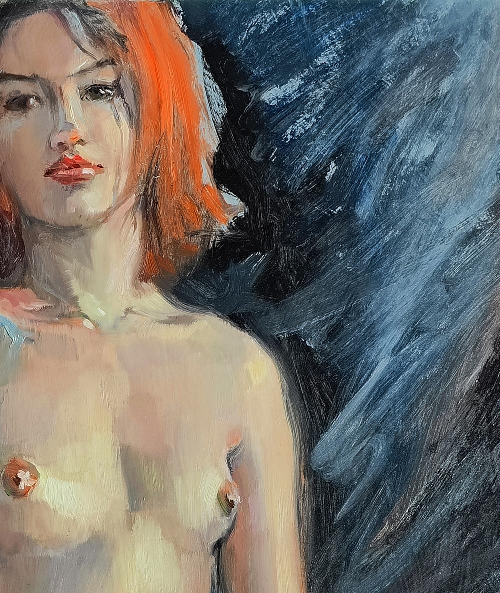 Oil painting portrait of confident girl Oksana Osnach with orange hair