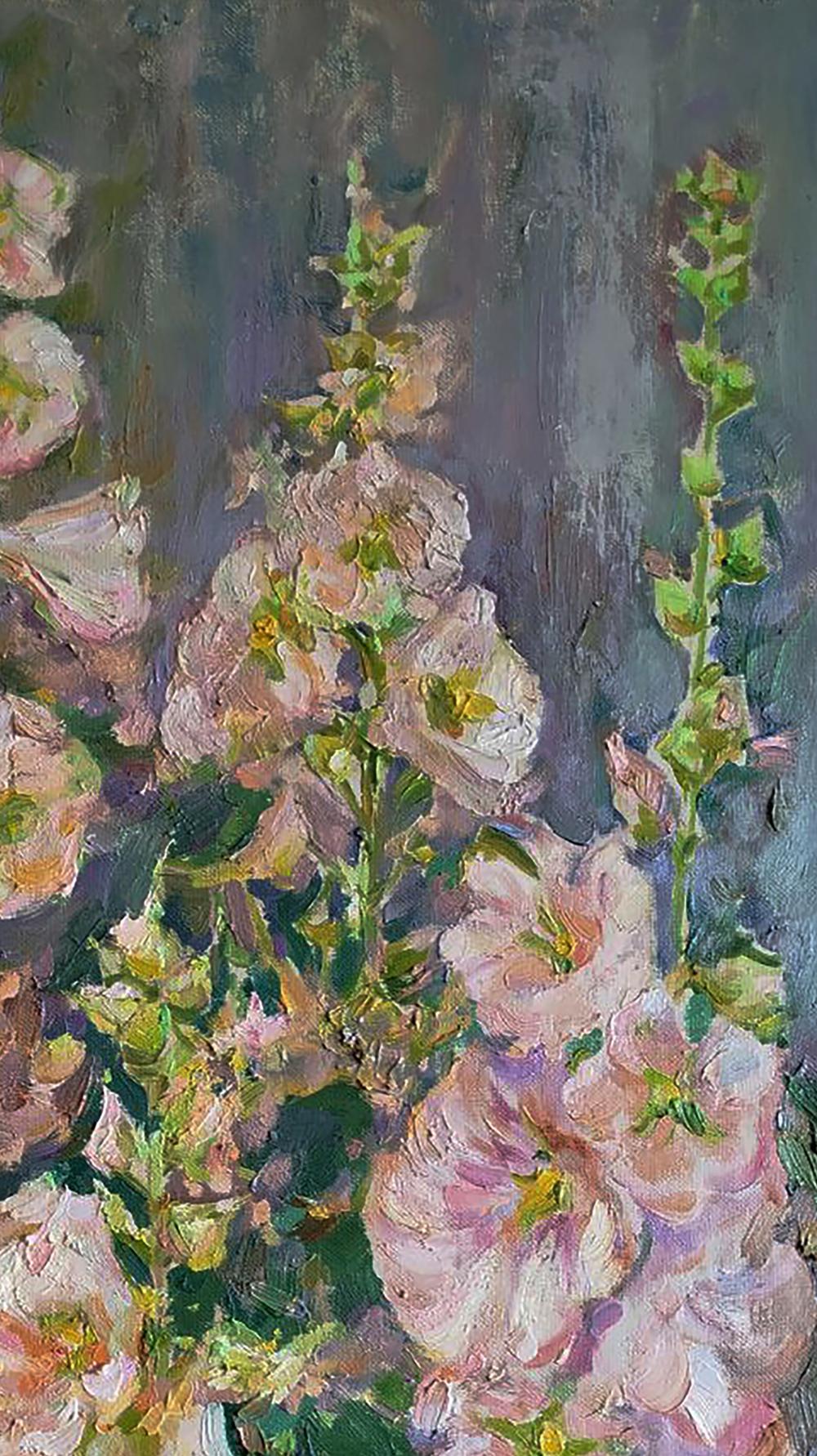 Oil painting Flowers in the garden by Leonid Pavlenko: pink floral arrangement