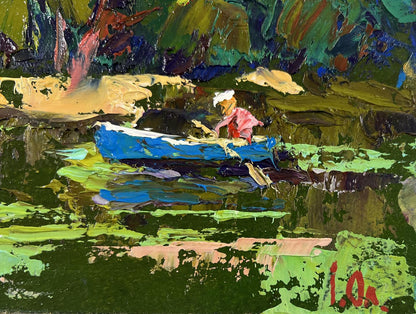 Oil painting Calm on the Water by Oleksiy Ivanyuk: pink figure in rowboat