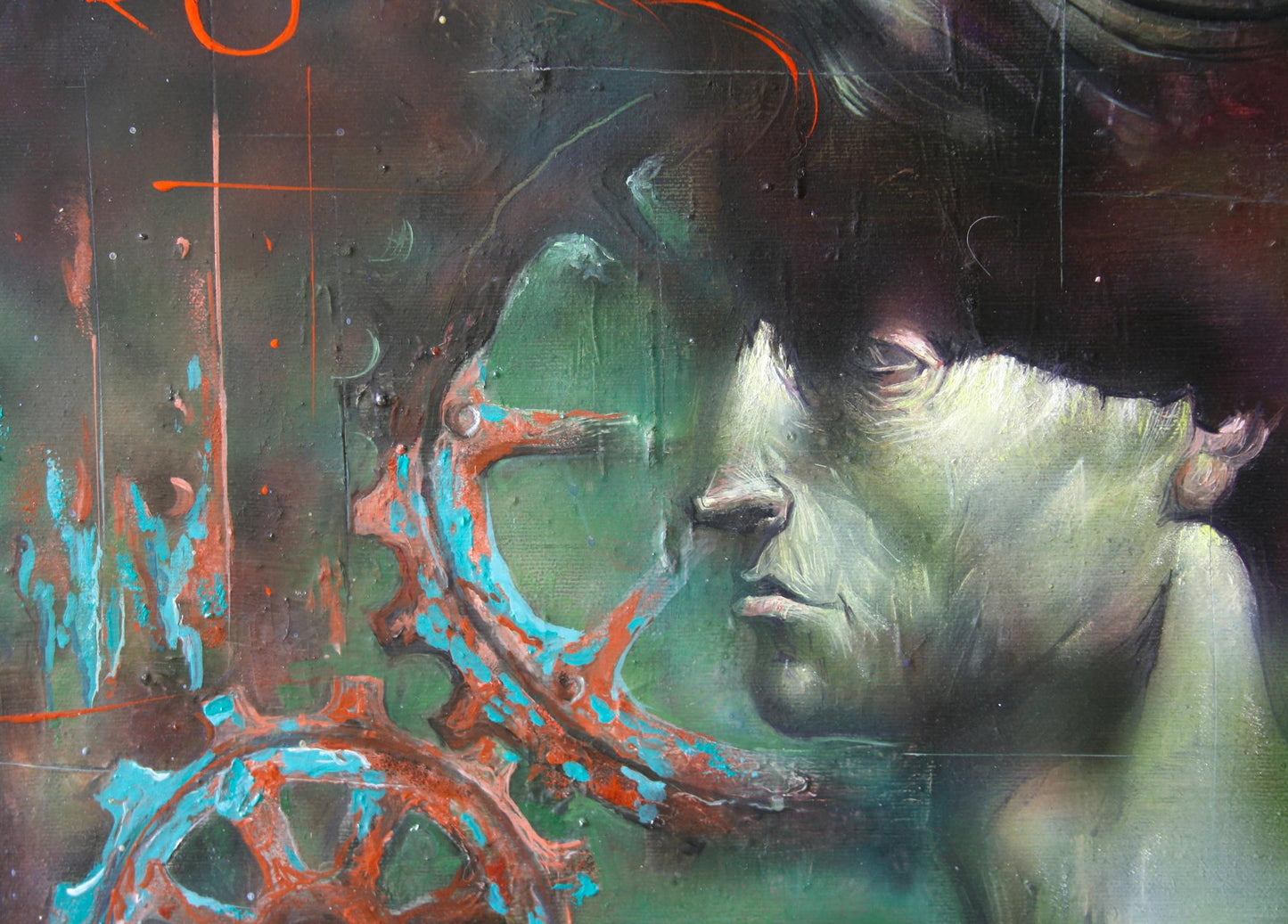 Oil painting Mechanics by Alexander Dobrodiy with greenish face and gears