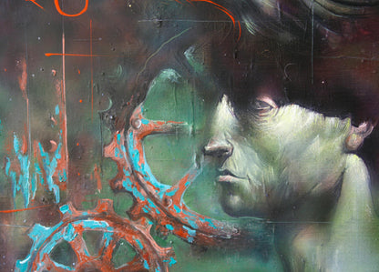 Oil painting Mechanics by Alexander Dobrodiy with greenish face and gears